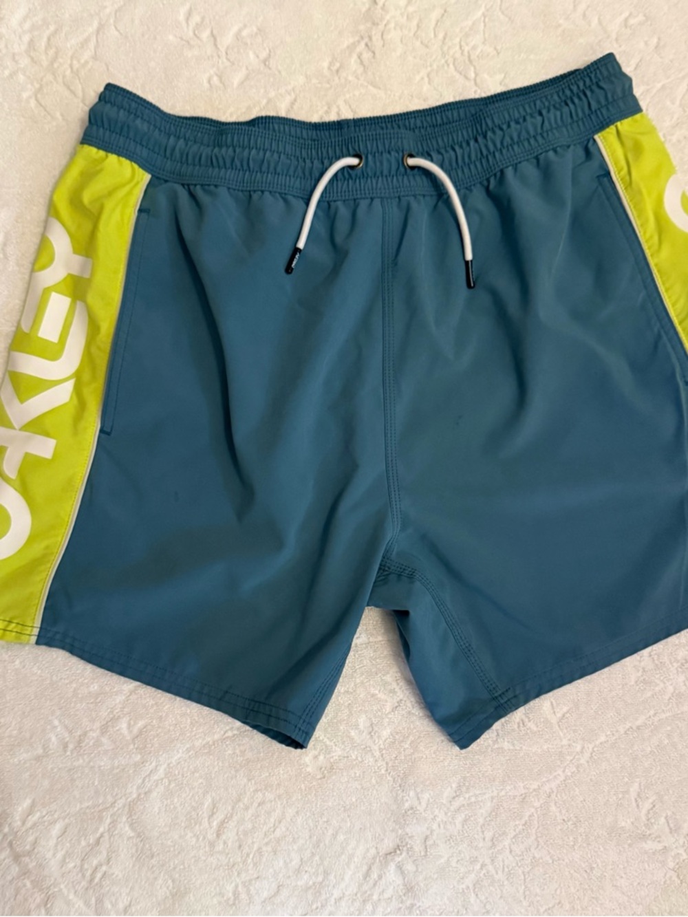 Oakley Men’s Teal Swim Trunks with Lime Side Panels